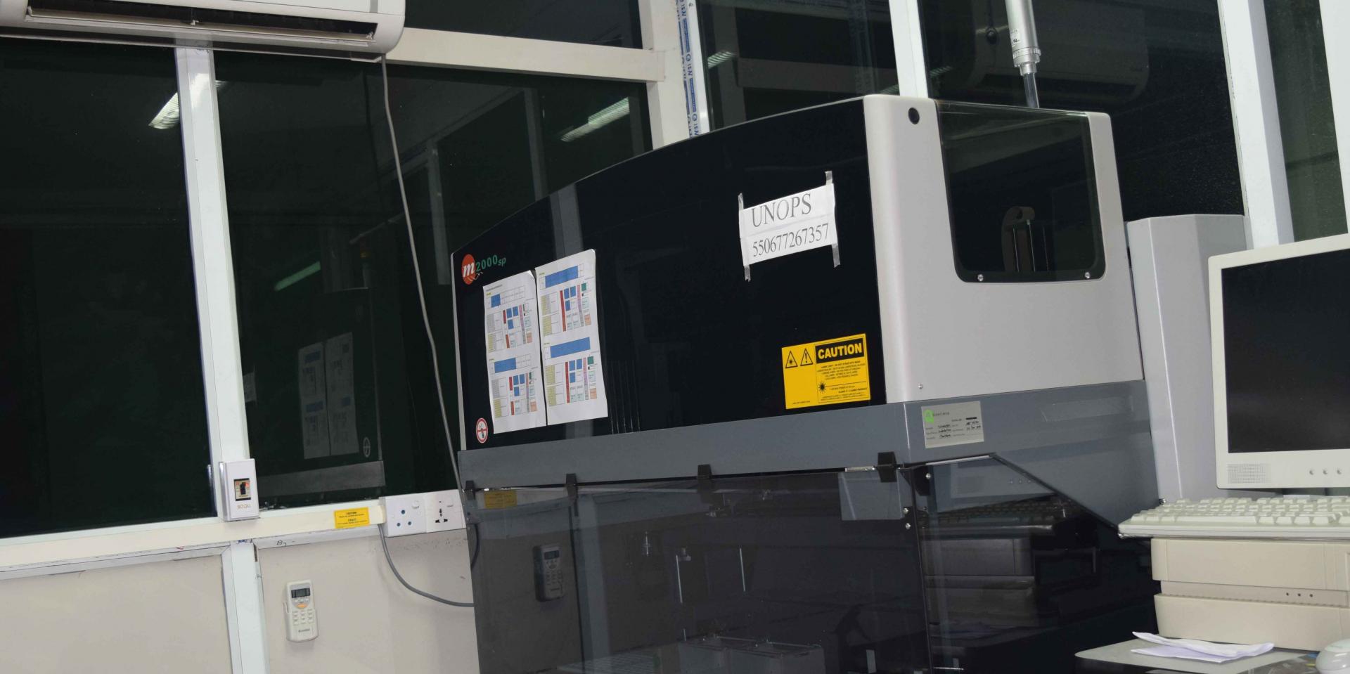 An auto-extractor machine installed with Global Fund support at the Magway General Hospital. It can handle automatic sample preparation of 196 blood samples a day, allowing for faster viral load testing services to reach more people.