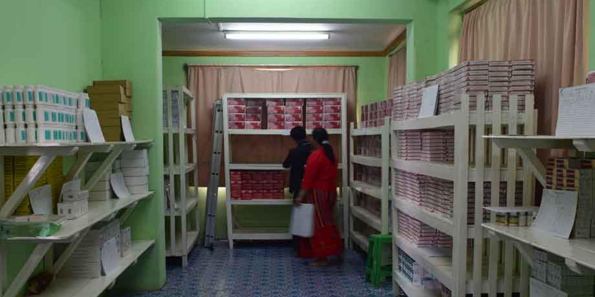 Storage facilities/stores and warehouses are equipped with air conditioning, pellets, racks, shelves and cupboards to maintain proper storage condition for drugs at NTP drug store, Taunggyi