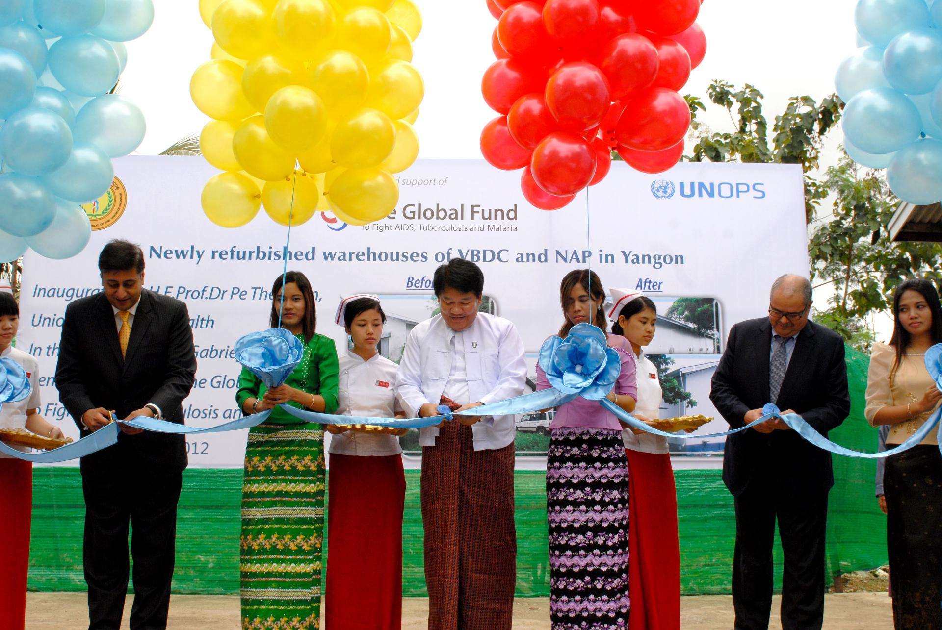The central warehouses of the Vector Borne Disease Control and National AIDS Programme are inaugurated following renovations supported by the Global Fund. Central Warehouses Compound, Yangon, August 2012.