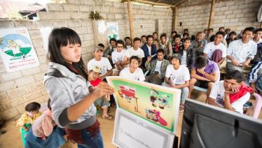 Beneficiaries gather for a health education session at a Myanmar Anti-Narcotics Association (MANA) drop-in centre, Kutkai township, Northern Shan State. Photo: John Rae/The Global Fund