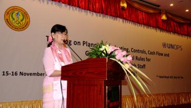 Dr Yin Thandar Lwin, Deputy Director General, Department of Public Health, Ministry of Health and Sports, delivers a speech at the opening session of the financial management training for government health staff, Nay Pyi Taw.